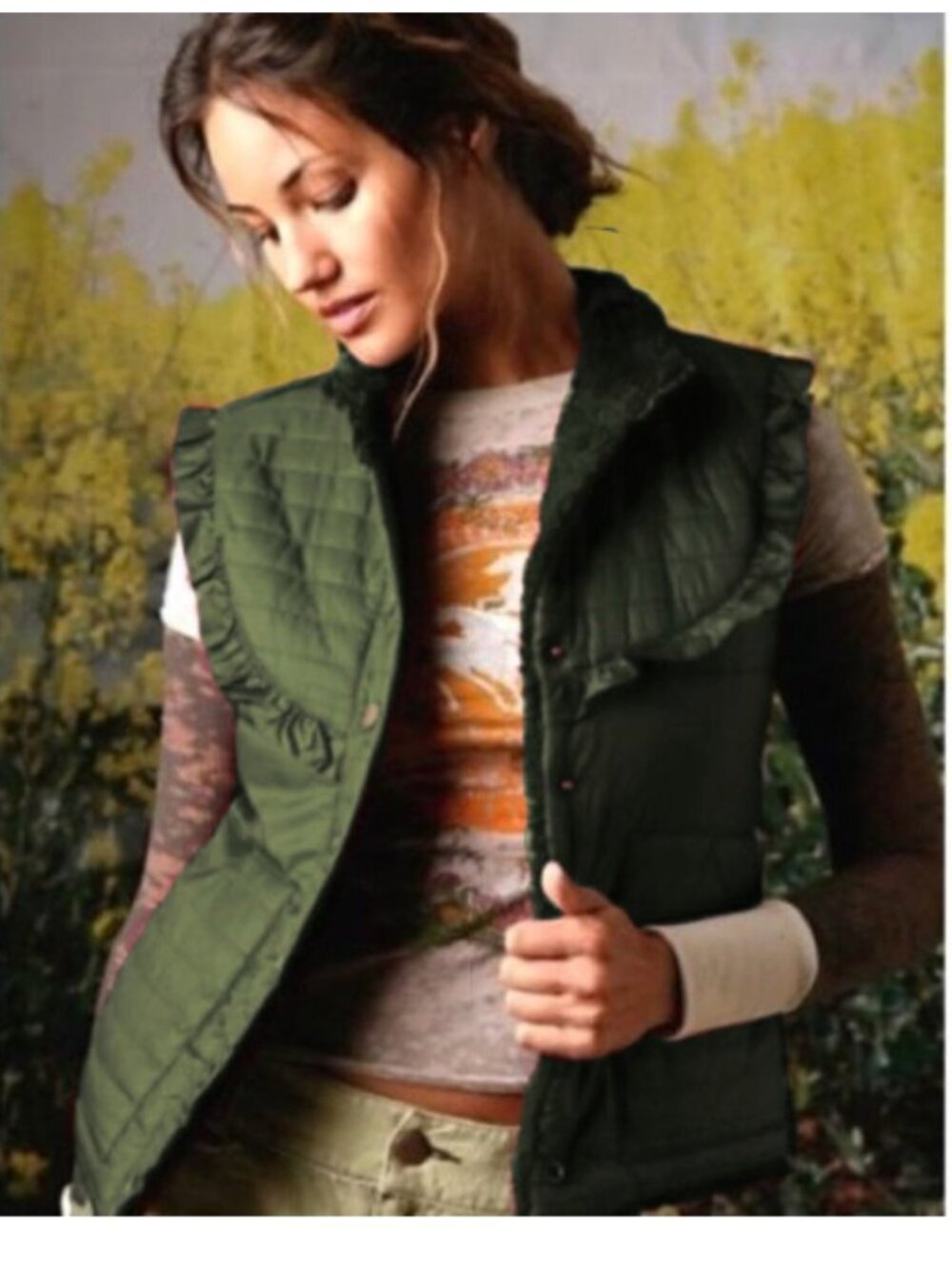 VTG Free People Sherpa Lined Puffer Vest M Olive Green Ruffle Pockets Boho Fall